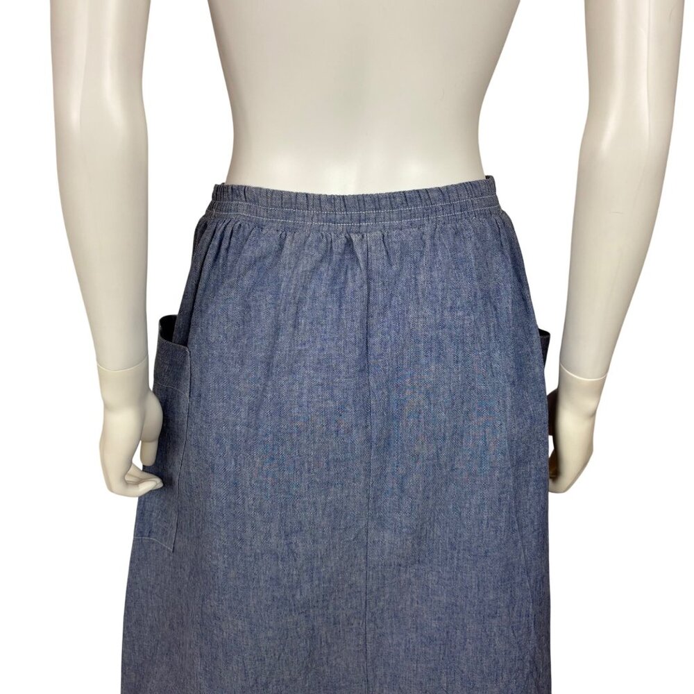 Vintage 80s Chambray Skirt Womens Small Blue Fit & Flare Button Down Hip Pockets - Picture 7 of 10